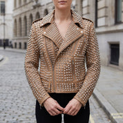 Women's Tan Studded Leather Biker Jacket — Thomson