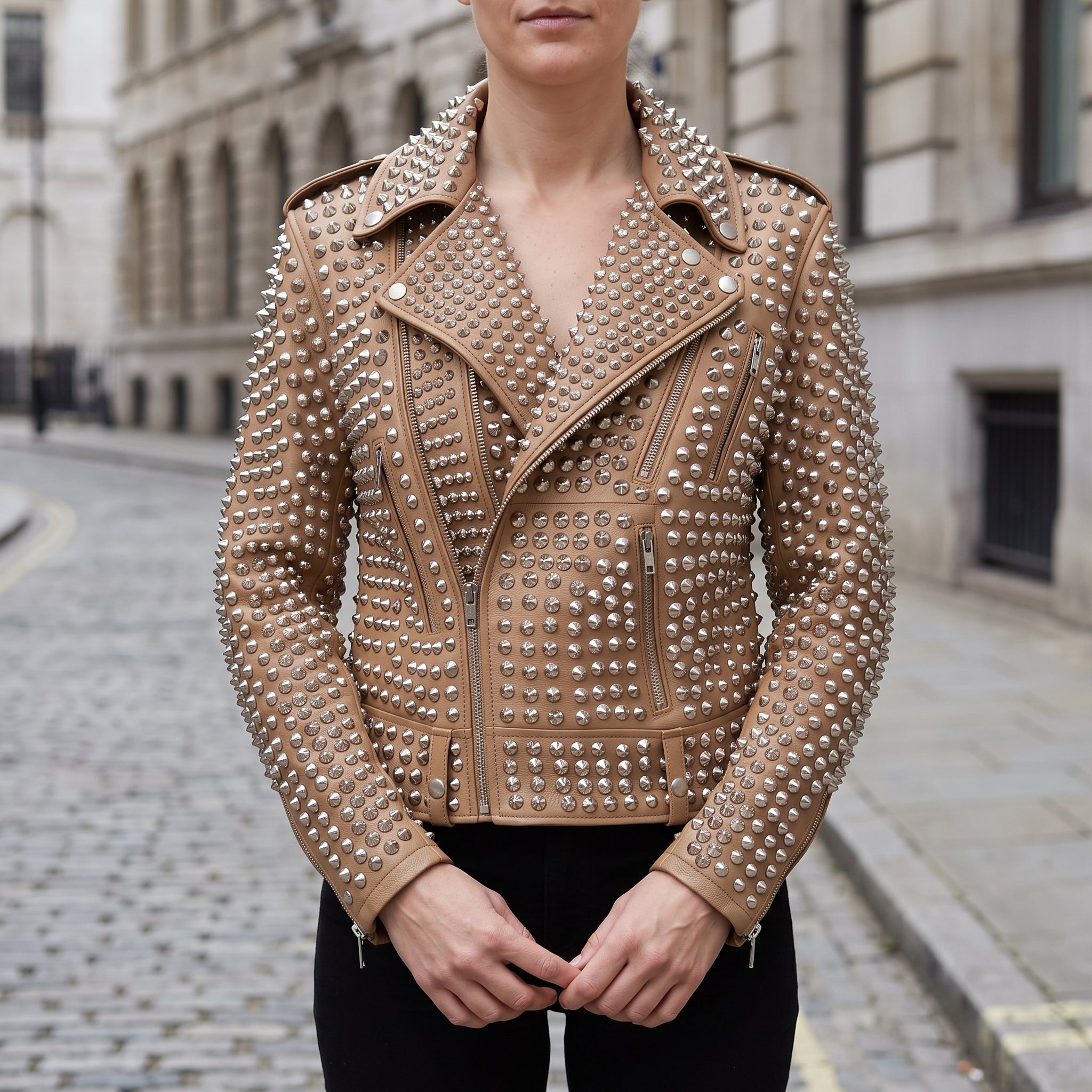 Women's Tan Studded Leather Biker Jacket — Thomson