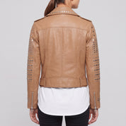 Women's Tan Studded Leather Biker Jacket — Watson