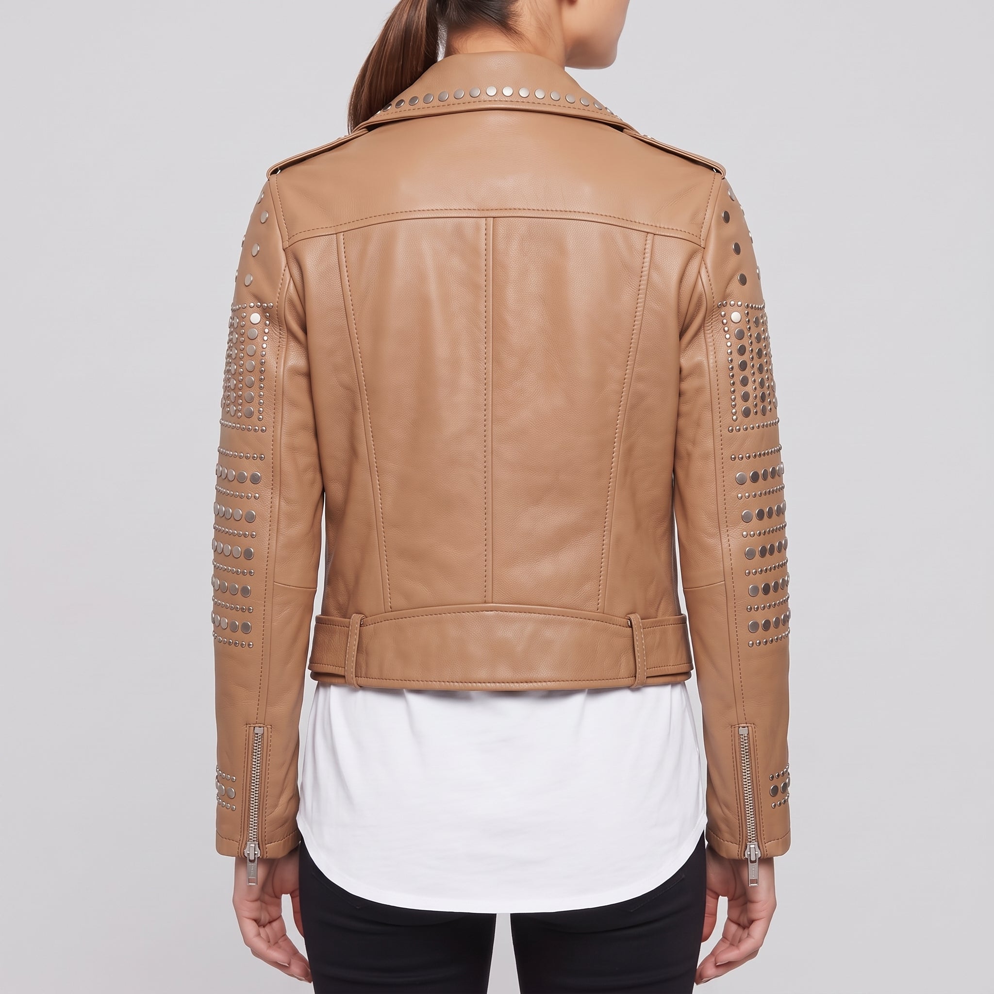 Women's Tan Studded Leather Biker Jacket — Watson
