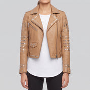 Women's Tan Studded Leather Biker Jacket — Watson