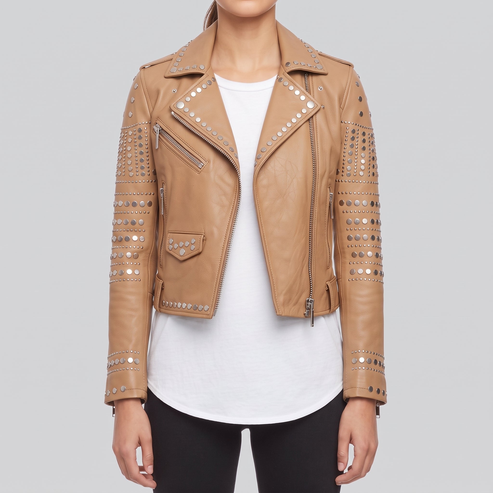 Women's Tan Studded Leather Biker Jacket — Watson