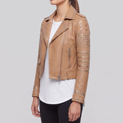 Women's Tan Studded Leather Biker Jacket — Watson