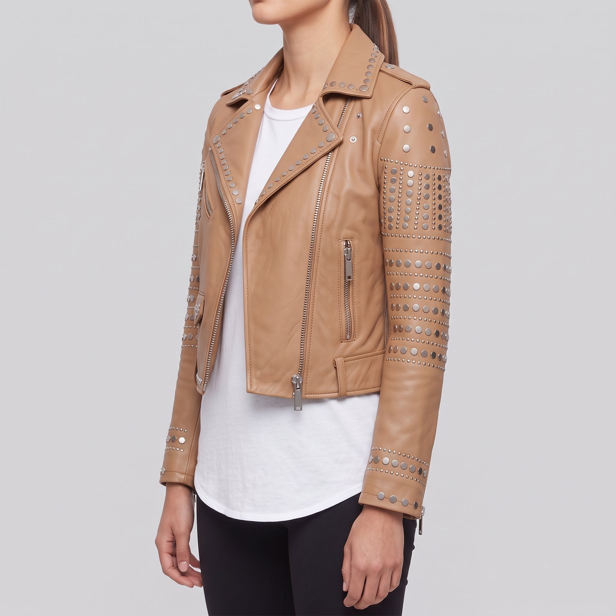 Women's Tan Studded Leather Biker Jacket — Watson