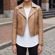 Women's Tan Studded Leather Biker Jacket — Watson