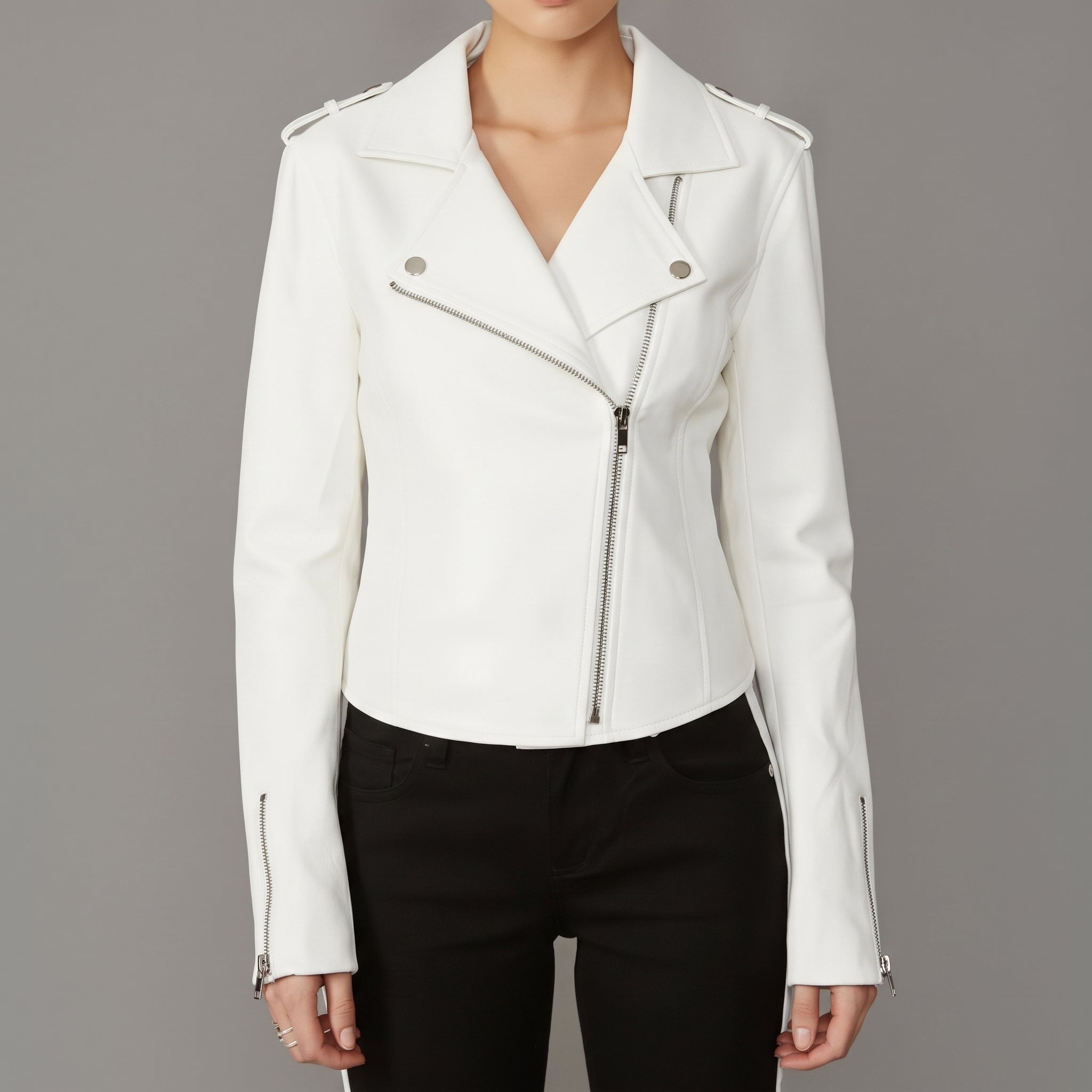 Women's White Faux Leather Biker Jacket — Abberdale