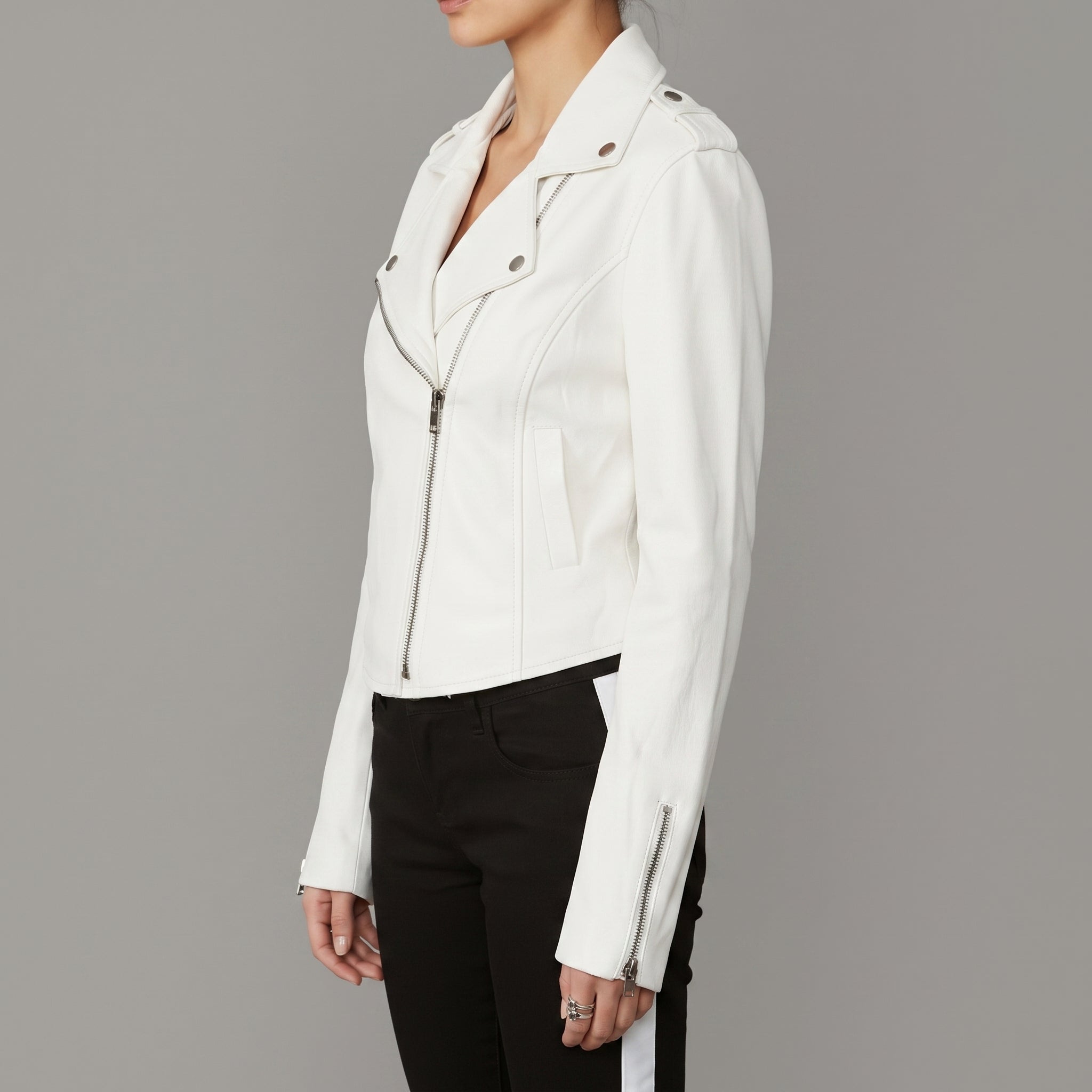 Women's White Faux Leather Biker Jacket — Abberdale