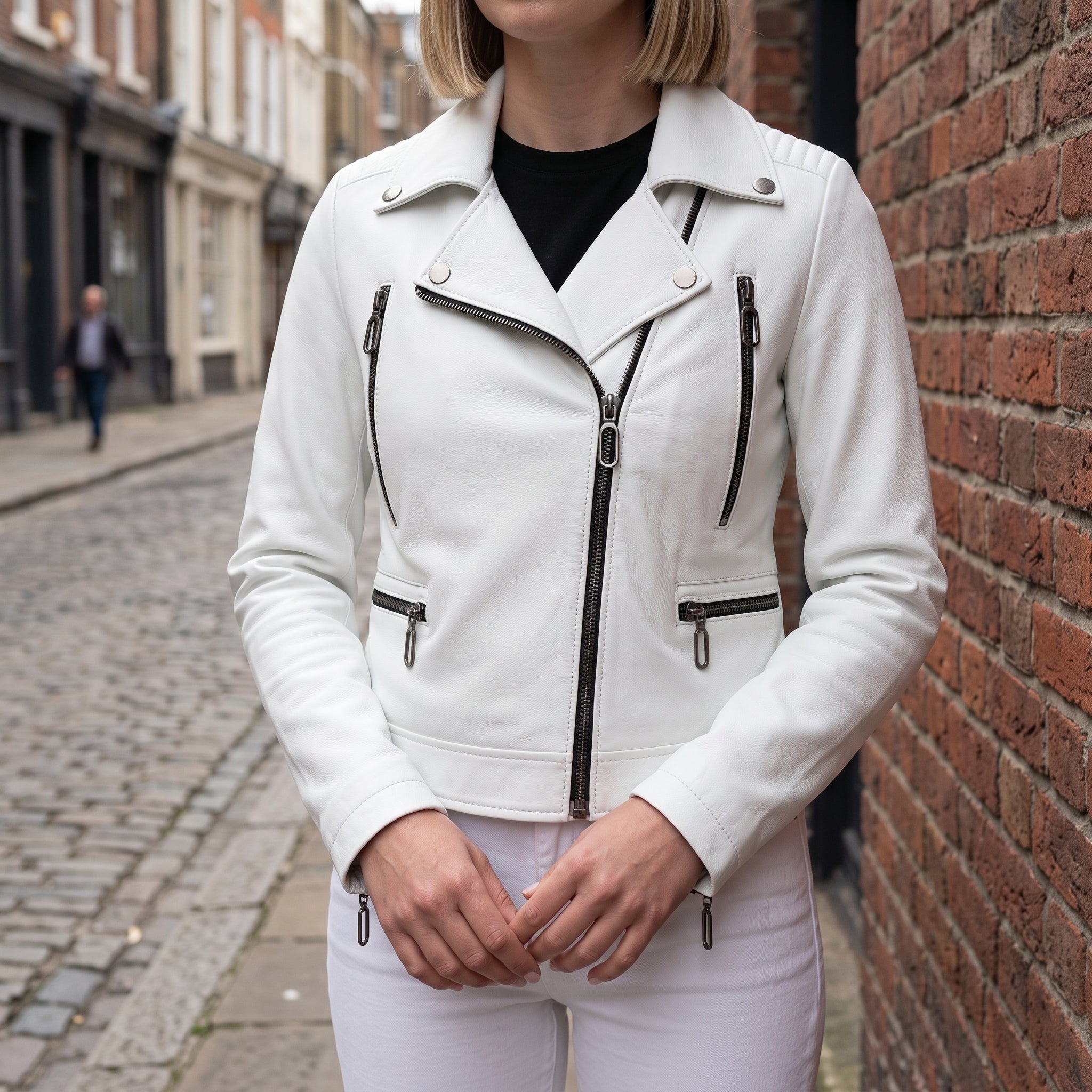 Women's White Leather Biker Jacket — Colgrave