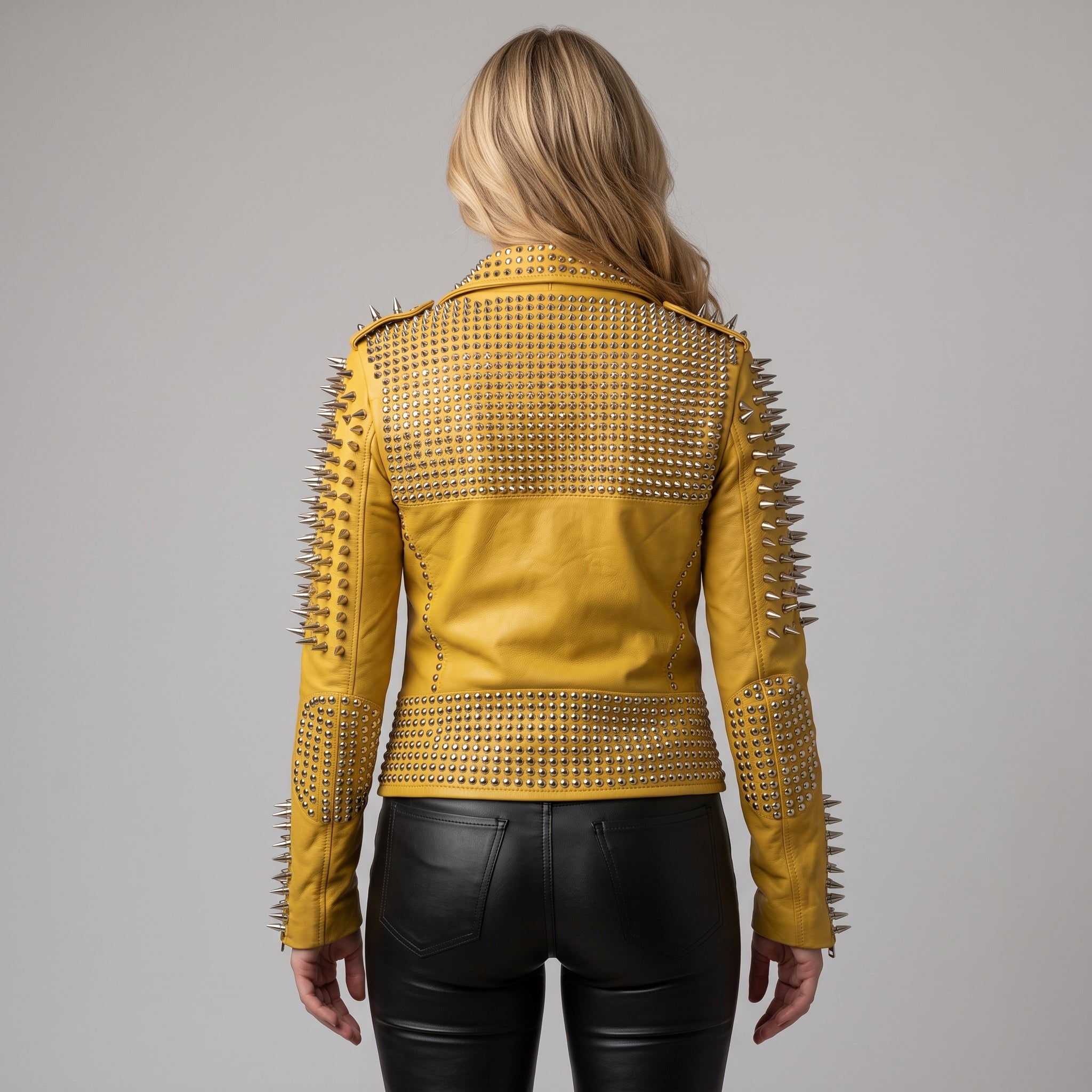 Women's Yellow Studded Leather Biker Jacket — Basing