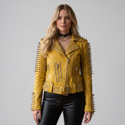 Women's Yellow Studded Leather Biker Jacket — Basing
