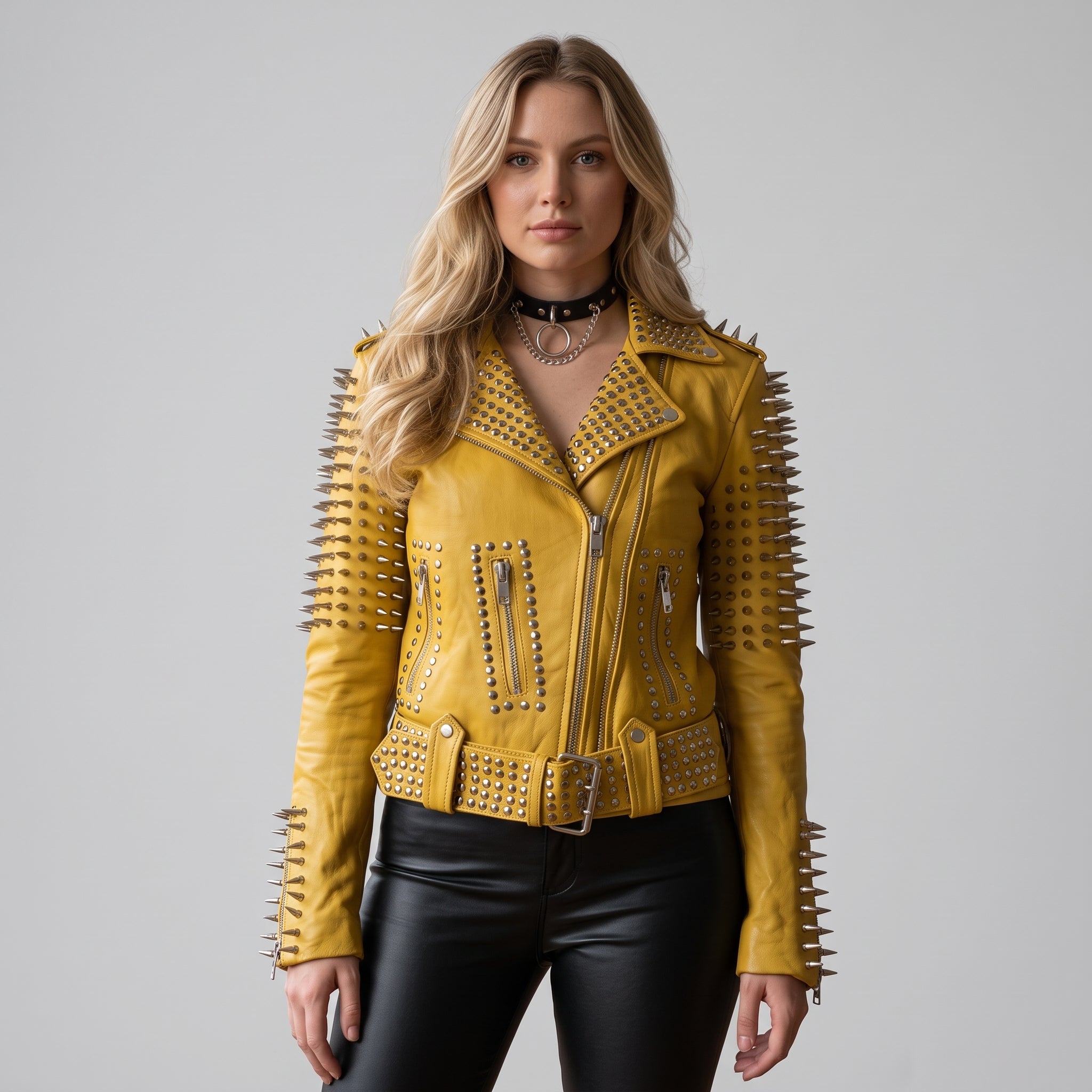 Women's Yellow Studded Leather Biker Jacket — Basing