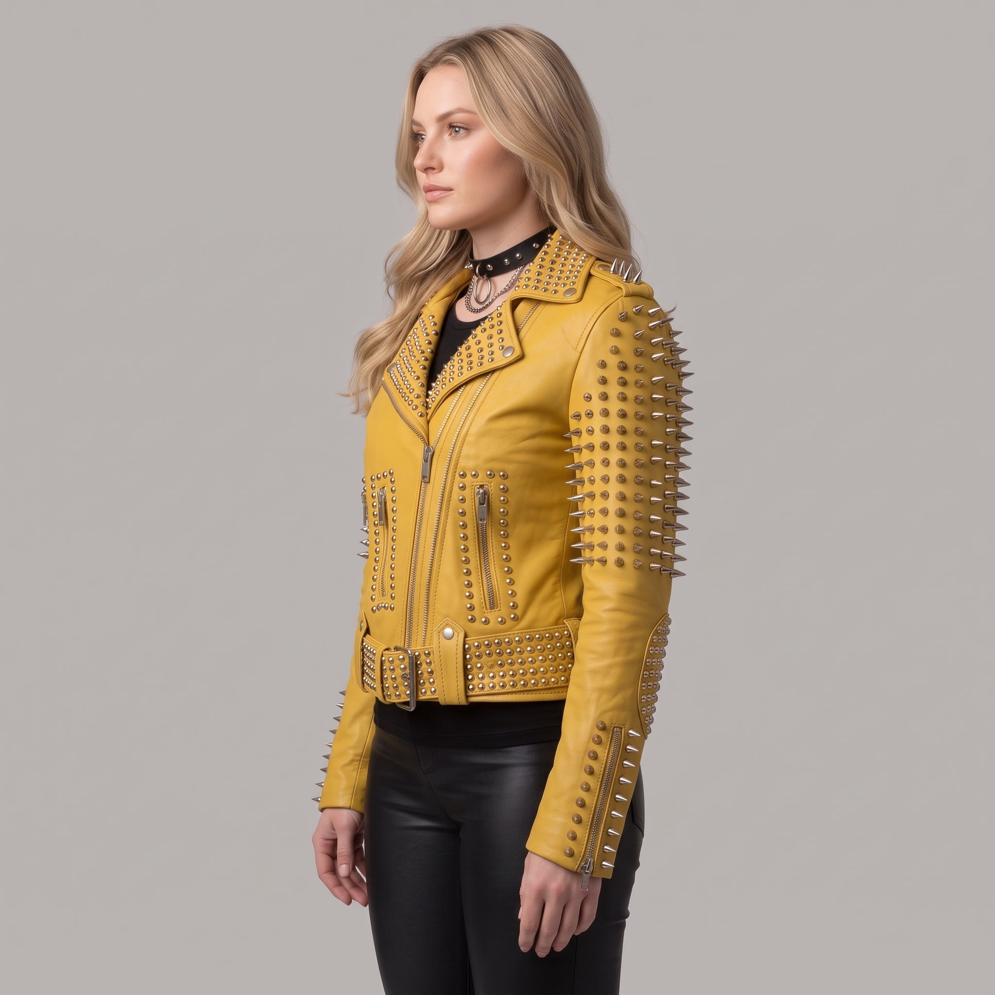 Women's Yellow Studded Leather Biker Jacket — Basing