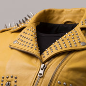 Women's Yellow Studded Leather Biker Jacket — Basing