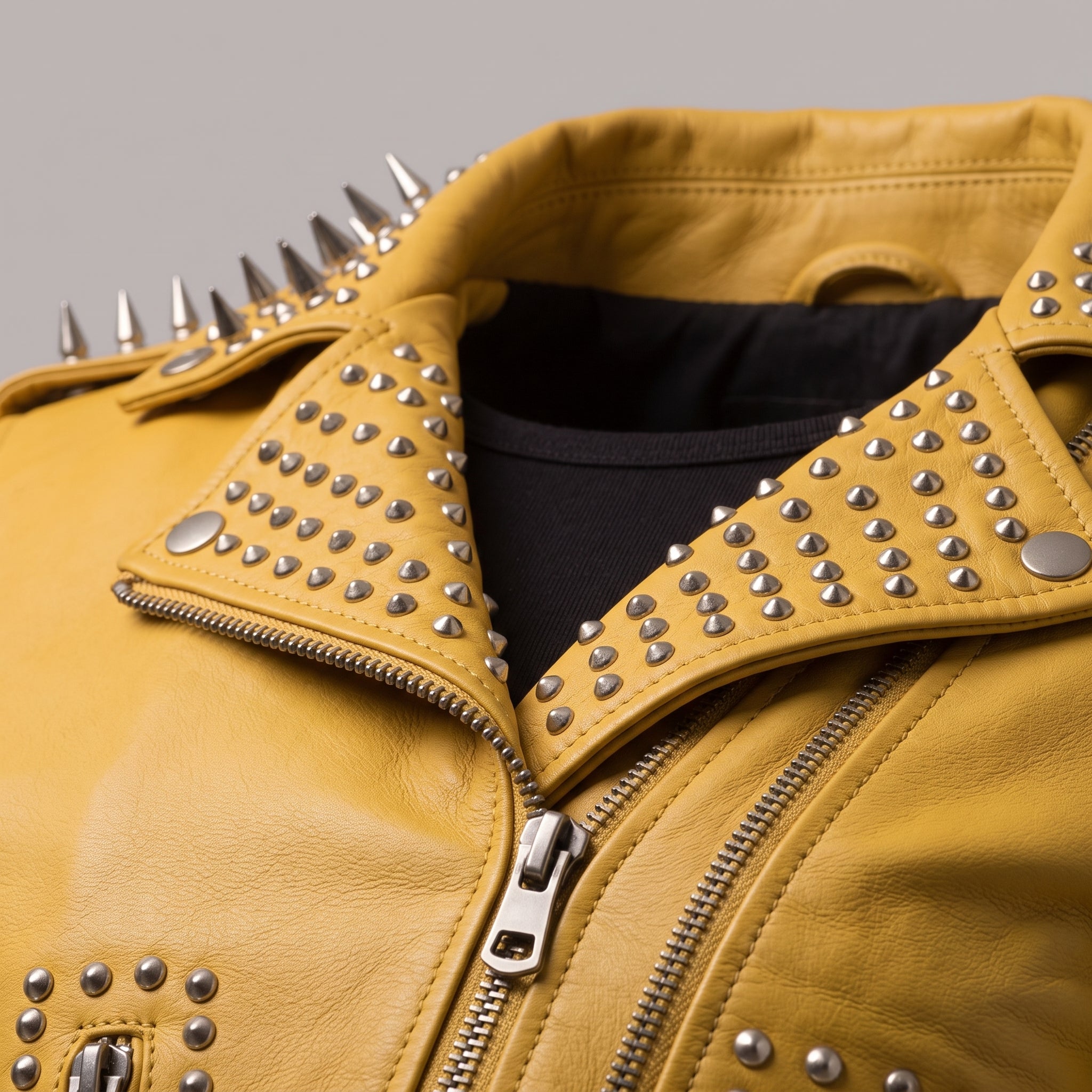 Women's Yellow Studded Leather Biker Jacket — Basing