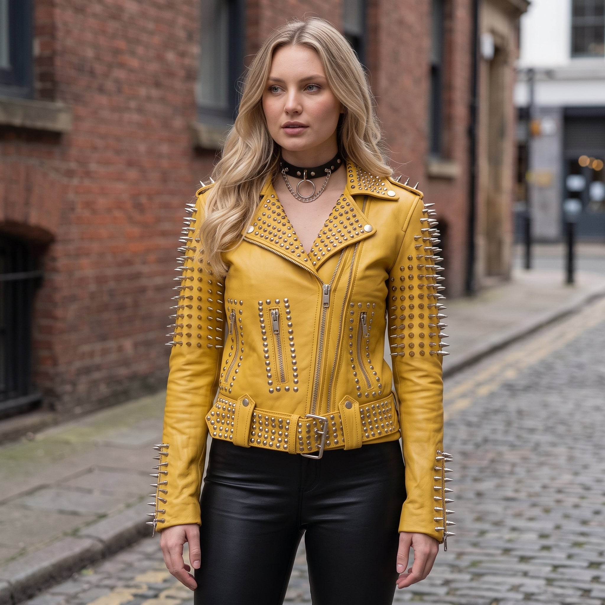 Women's Yellow Studded Leather Biker Jacket — Basing