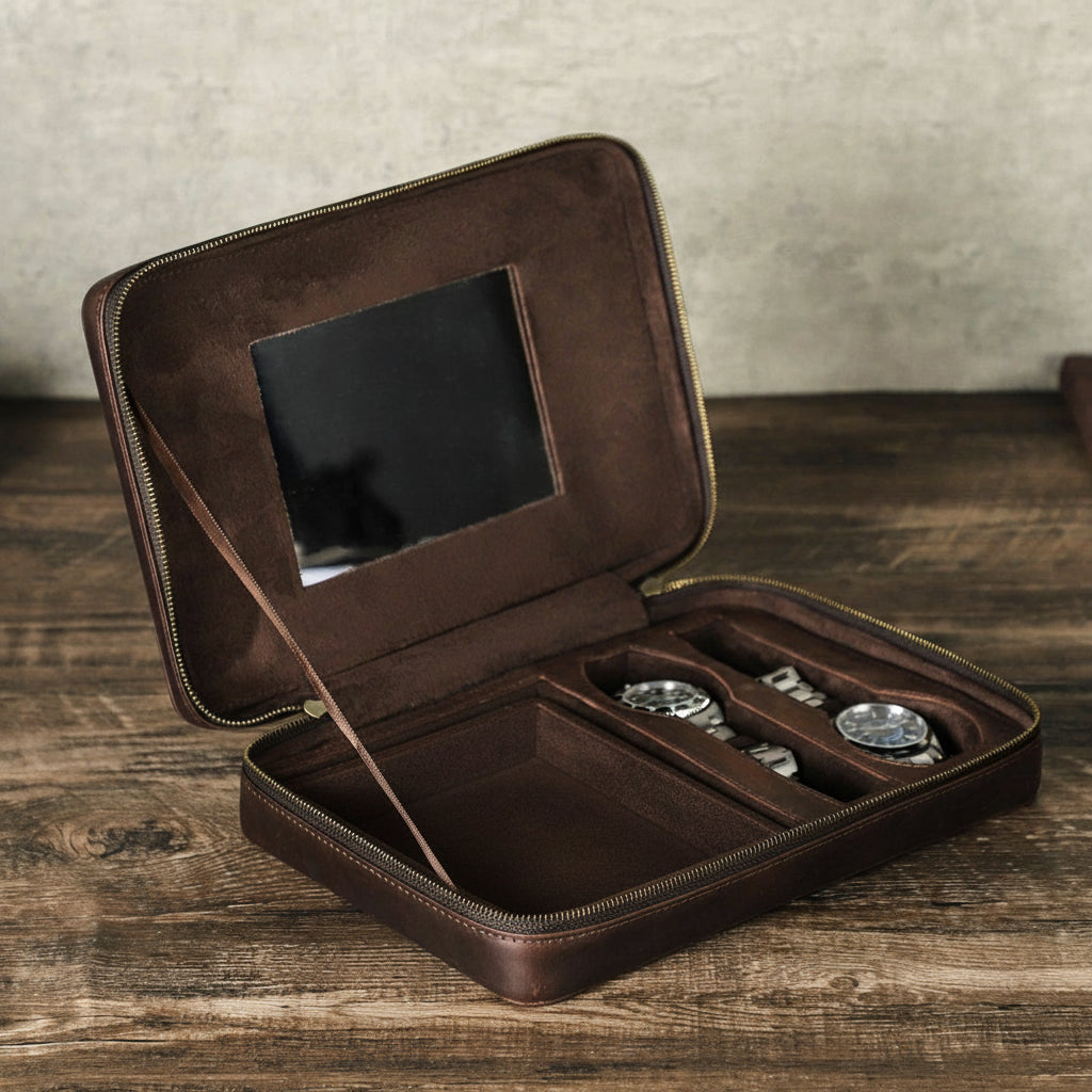 wooden-table-style-match-1 - Elegant Leather Sunglasses 2 Watch Slots Travel Box With A Back Sleeve