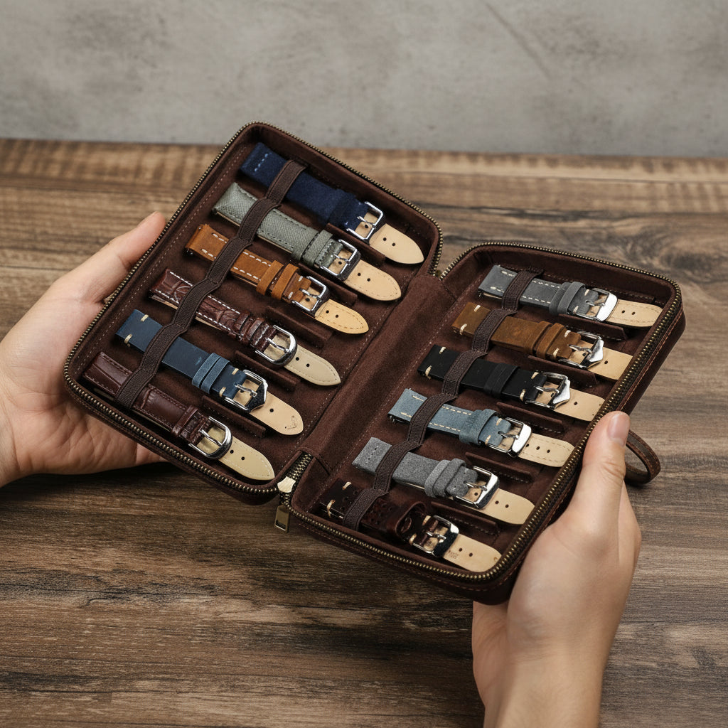 wooden-table-style-match-1 - Genuine Leather 12 Slots Portable Watch Band Case