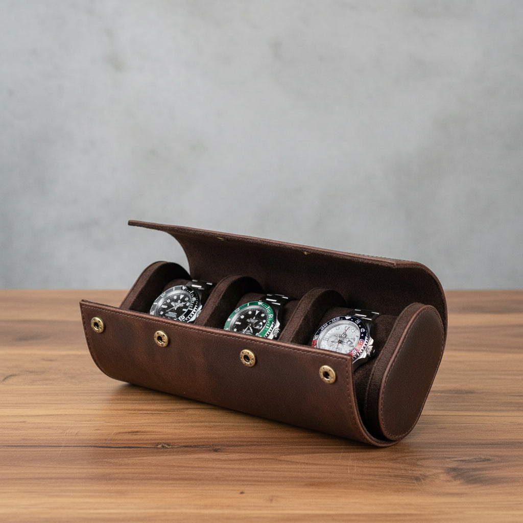 wooden-table-style-match-1 - Genuine Leather 3 Slots Portable Watch Roll Case
