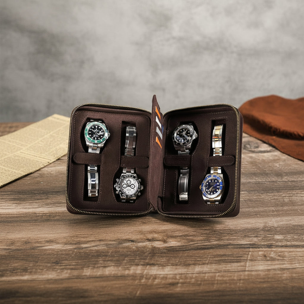 wooden-table-style-match-1 - Genuine Leather 4 Slots Portable Watch Roll Case