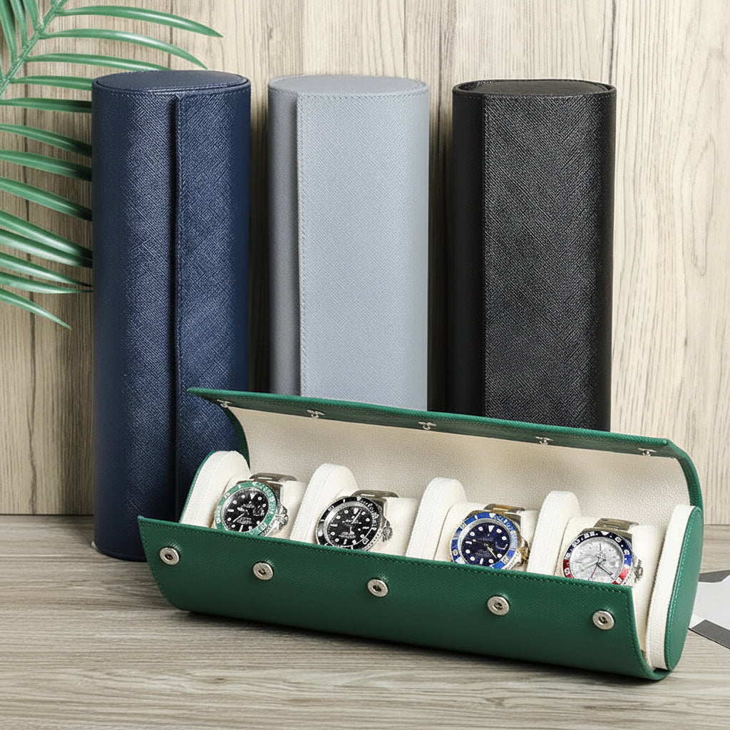 wooden-table-style-match-1 - Genuine Leather 4 Slots Watch Roll Travel Case