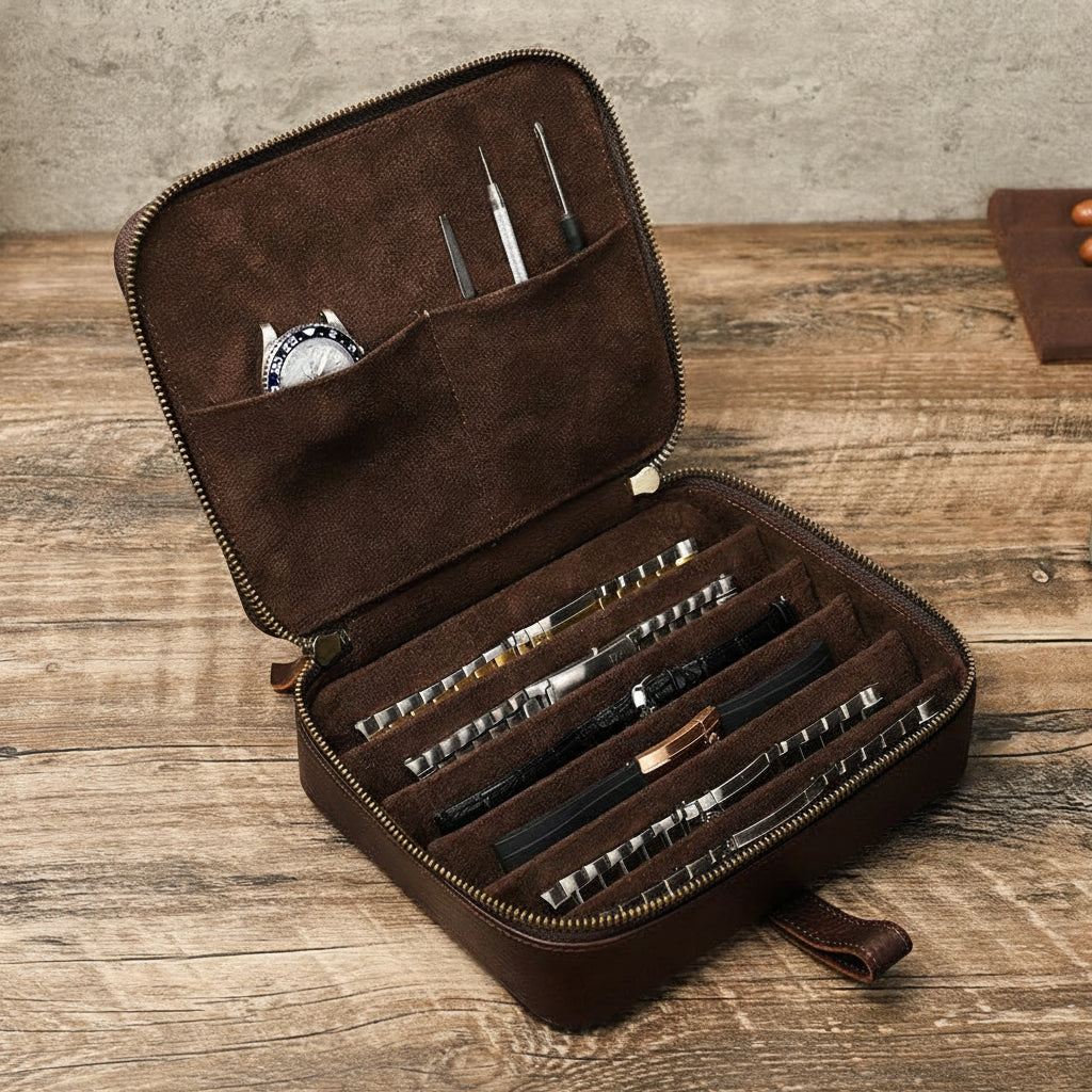 wooden-table-style-match-1 - Genuine Leather 6 Slots Portable Watch Band Case
