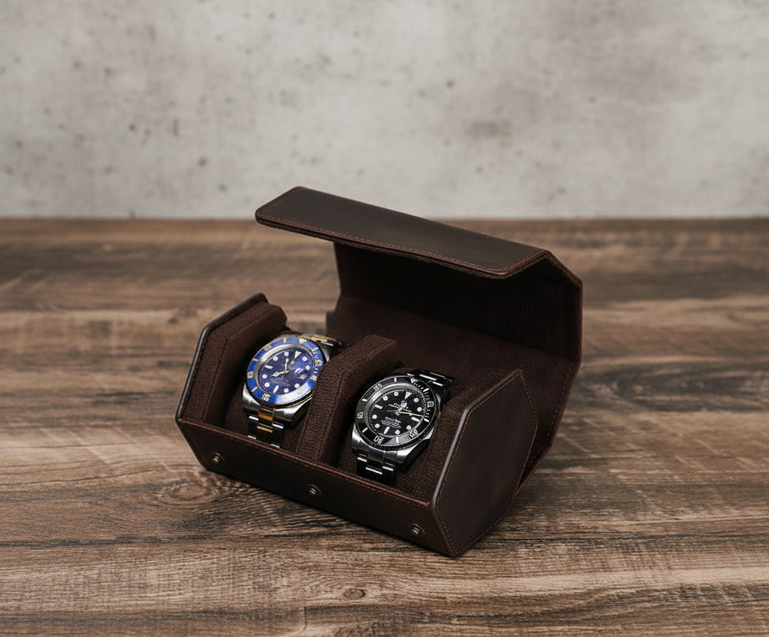 wooden-table-style-match-1 - Genuine Leather Hexagonal Design 2 Slots Watch Roll Case Holder
