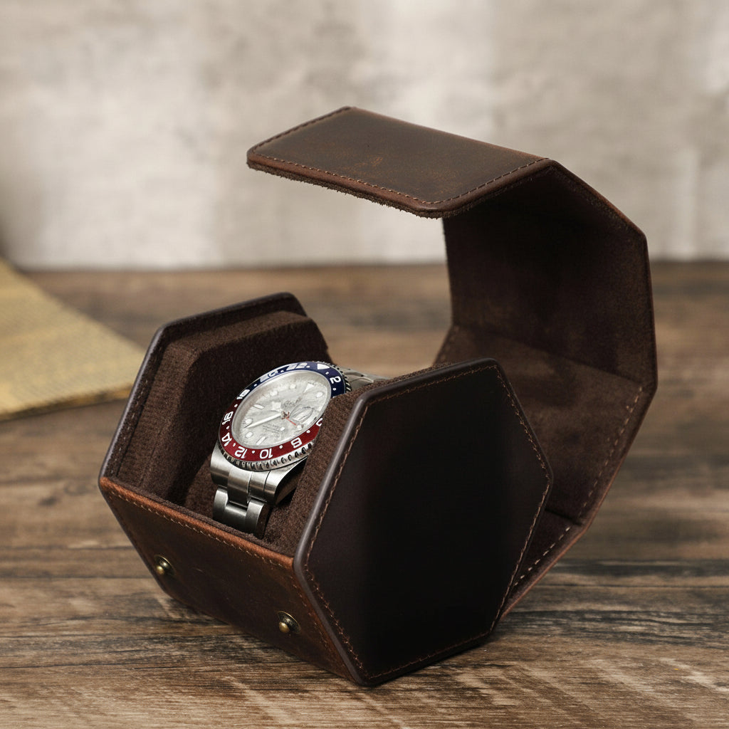 wooden-table-style-match-1 - Genuine Leather Hexagonal Design Single Watch Roll Case Holder