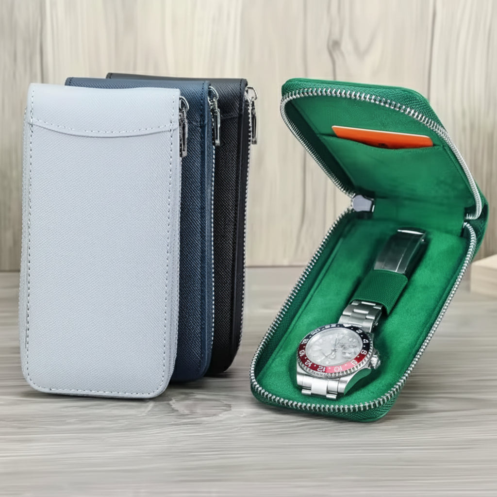 wooden-table-style-match-1 - Genuine Leather Watch Organizer Pouch - Luxury Travel Watch Case