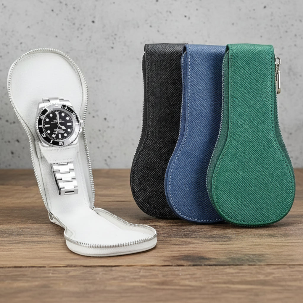 wooden-table-style-match-1 - Genuine Leather Zipper Watch Pocket Organizer Case