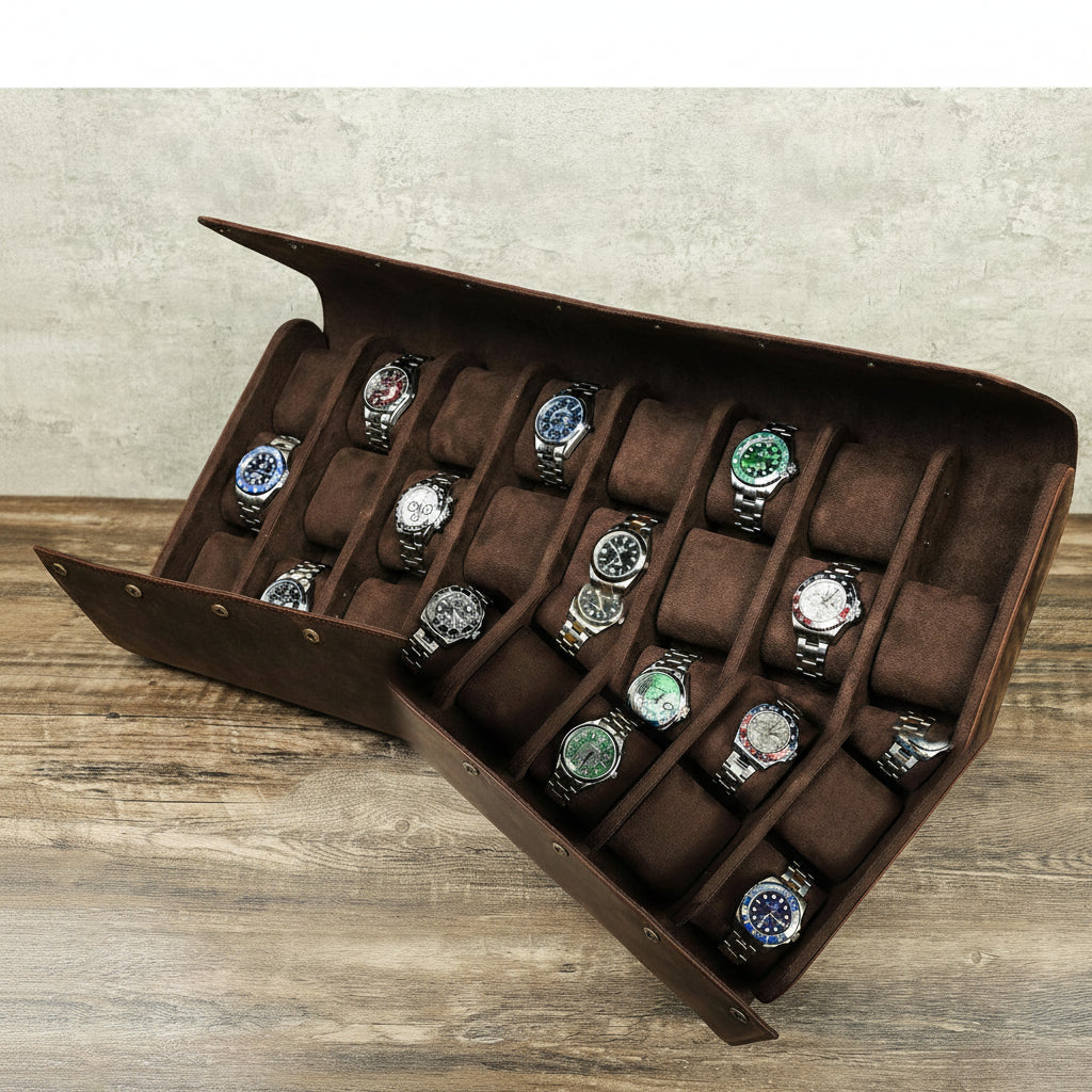 wooden-table-style-match-2 - Genuine Leather 24 Slots Watch Case Organizer