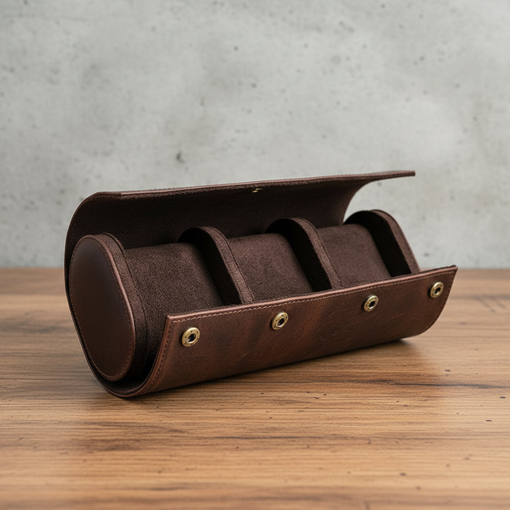 wooden-table-style-match-2 - Genuine Leather 3 Slots Portable Watch Roll Case