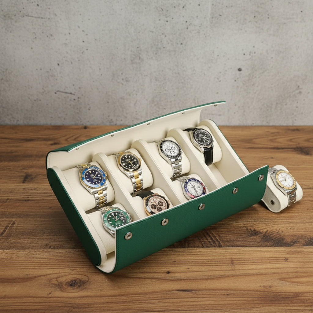 wooden-table-style-match-2 - Genuine Leather 8 Slots Watch Roll Travel Case