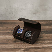 wooden-table-style-match-2 - Genuine Leather Hexagonal Design 2 Slots Watch Roll Case Holder