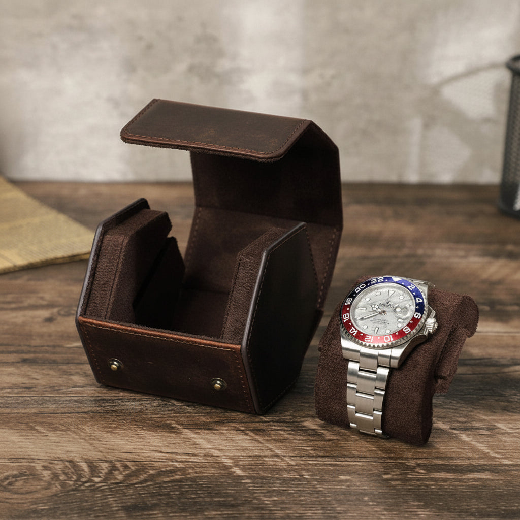wooden-table-style-match-2 - Genuine Leather Hexagonal Design Single Watch Roll Case Holder