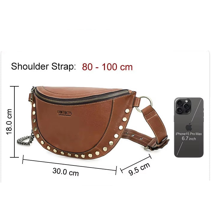 Women's Genuine Leather Fanny Pack With Studs Detail