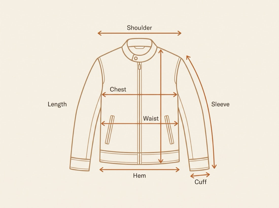 Jacket measurement diagram showing shoulder, chest, waist, hem, length, sleeve and cuff