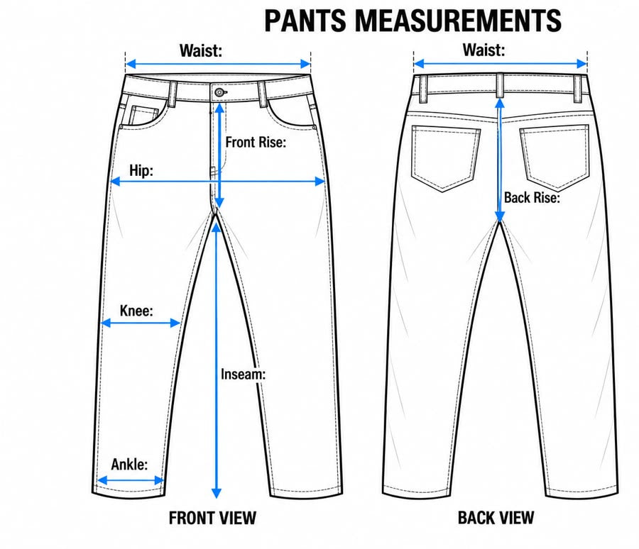 Pants measurement diagram showing waist, hip, rise, knee, inseam and ankle